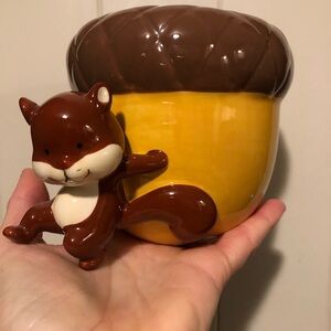 Brown and Yellow Acorn Ceramic Planter with Squirrel